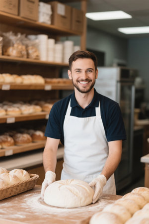 Baker smiles as he displays freshly baked breadの素材