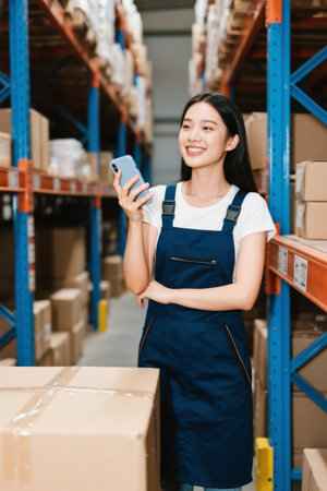 Female warehouse employee uses mobile phone to check cargo informationの素材