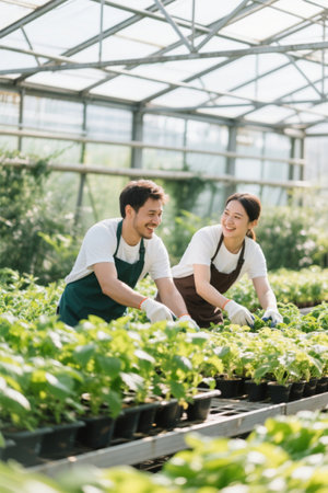 Happy working couple in the greenhouseの素材