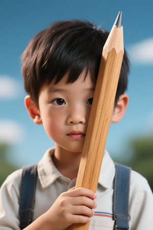 Children hold giant pencils to cover their facesの素材