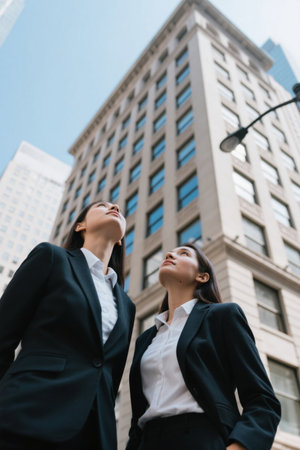 Urban beauties look up at skyscrapers with hopeの素材