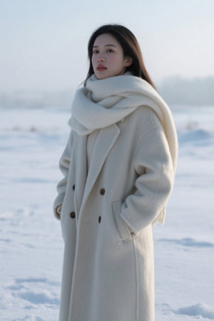 Woman wearing a white coat in a snowy winter sceneの素材
