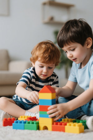 Happy childhood with two children playing with building blocksの素材