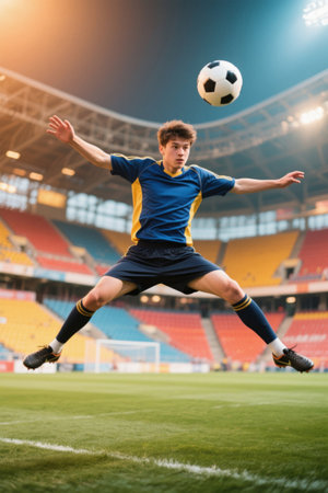 Young football player takes a leap and shootsの素材