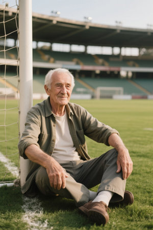 Elderly people rest on the sidelines of a football fieldの素材
