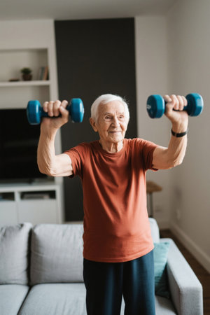 Elderly people lifting dumbbells at homeの素材