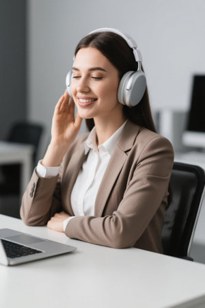 Young woman listening to music with headphones in officeの素材