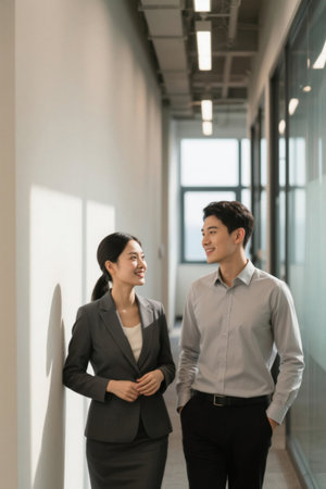 Young men and women workplace corridor conversationの素材