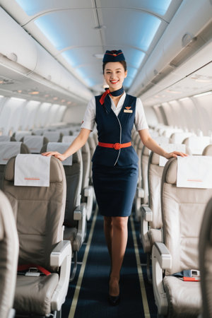 The flight attendant walked down the cabin aisle smilingの素材