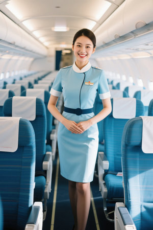 Stewardess smiling standing plane aisleの素材