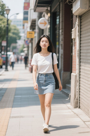 Girl strolling on the street in the sunの素材