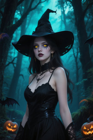 Mysterious Witch Forest Night Halloween Pumpkinの素材