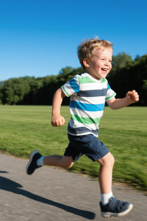 Happy running little boy outdoor sportsの素材
