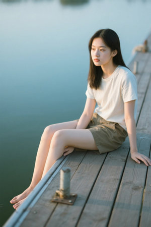 A girl sits quietly by the Muqiao Lake and looks out into the distanceの素材