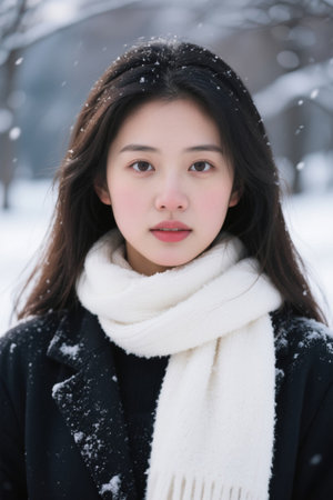 Beautiful young woman in the winter snowの素材