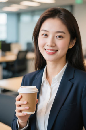 Photo of a working woman smiling with coffeeの素材