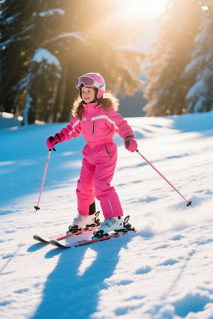 Pink Girl Snow Mountain Skiing Funの素材