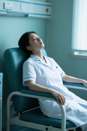 Young female doctor resting on a hospital chairの素材