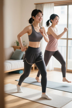Two young women exercise together at homeの素材