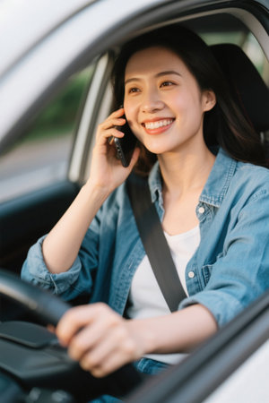 Young woman driving phone happy smilingの素材