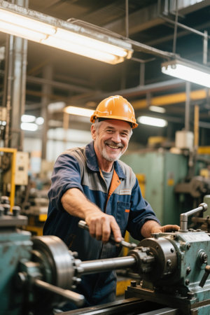 A happy elderly worker in the factoryの素材