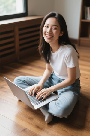 Girl uses laptop on floor of homeの素材