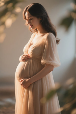 Pregnant woman gently caresses pregnant belly photoの素材