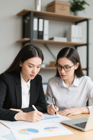Two young women working hard in the officeの素材