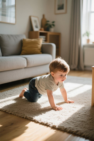 Sunlight fills the living room floor. Cute baby learns to crawlの素材