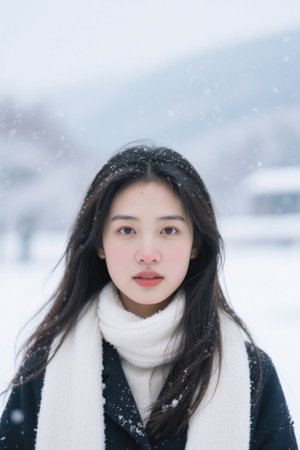 Portrait of a girl in a snowy winter sceneの素材