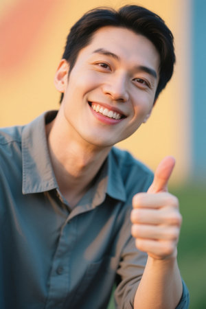 Young man smiling in the sun gives a thumbs upの素材