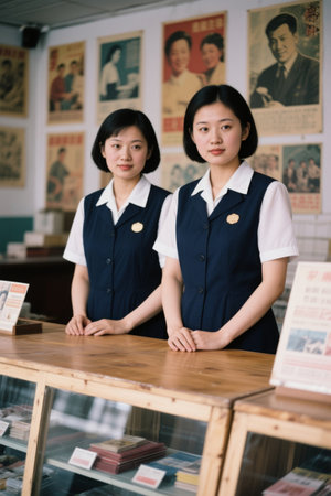 Two young women in uniform stand at the counterの素材
