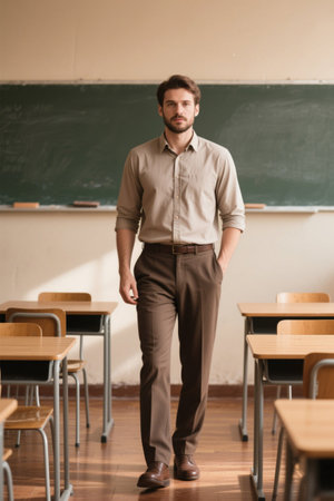 The teacher stood in the classroom smilingの素材