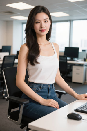 Young woman working in front of computer in officeの素材
