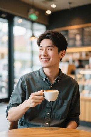 Smiling young man in a cafeの素材