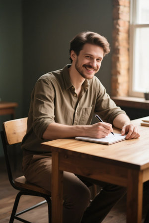 Young men write indoors with concentration and earnestnessの素材