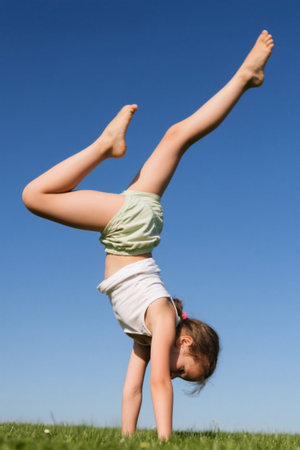 Girls playing on the grass and standing upside down in the sunの素材