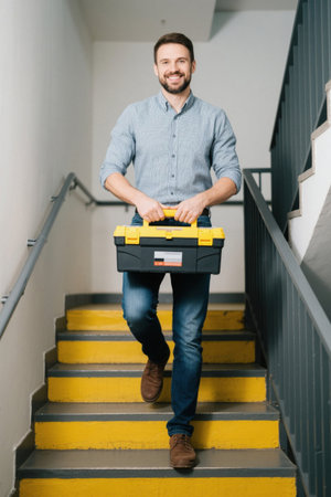 Smiling man carrying toolbox walking up stairsの素材