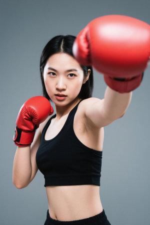 Young woman fighting with boxing glovesの素材