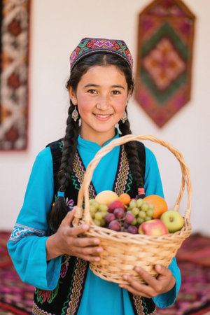 Girl with a sweet smile holding a fruit basketの素材