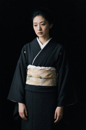 Black kimono woman gazes melancholyの素材