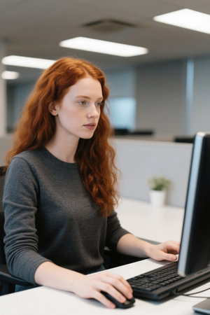 Serious work in the red-haired woman's officeの素材