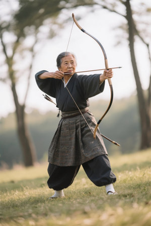 The old woman practiced archery with grace and skillの素材