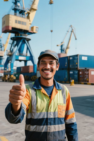 Port workers give thumbs up to show satisfactionの素材
