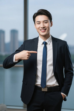 Young people in suits and ties smile confidently and give guidanceの素材