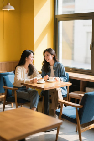 Sunlight shines into the cafe as two girls chat and drink coffeeの素材