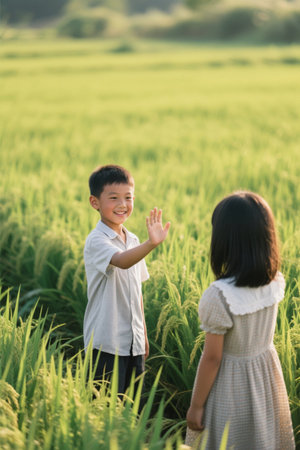 Two children waved and greeted in the fieldの素材