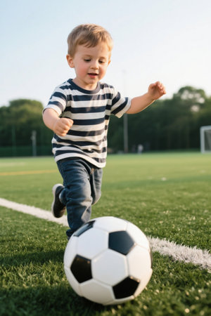 Toddlers playing soccer on the lawnの素材