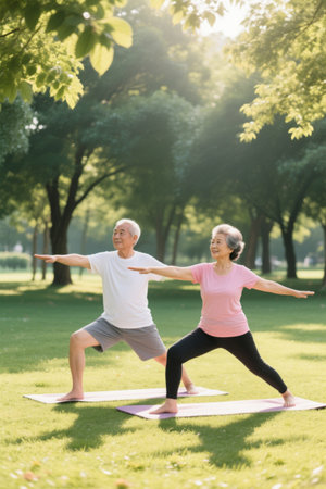 Elderly couple practices yoga in parkの素材
