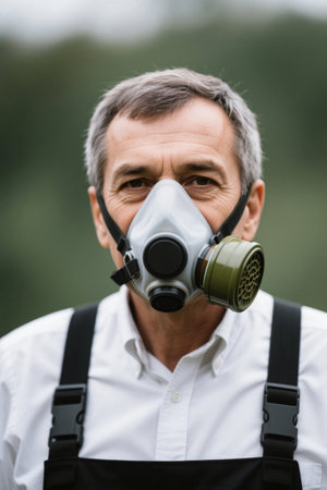 Outdoor photo of a middle-aged man wearing a gas maskの素材